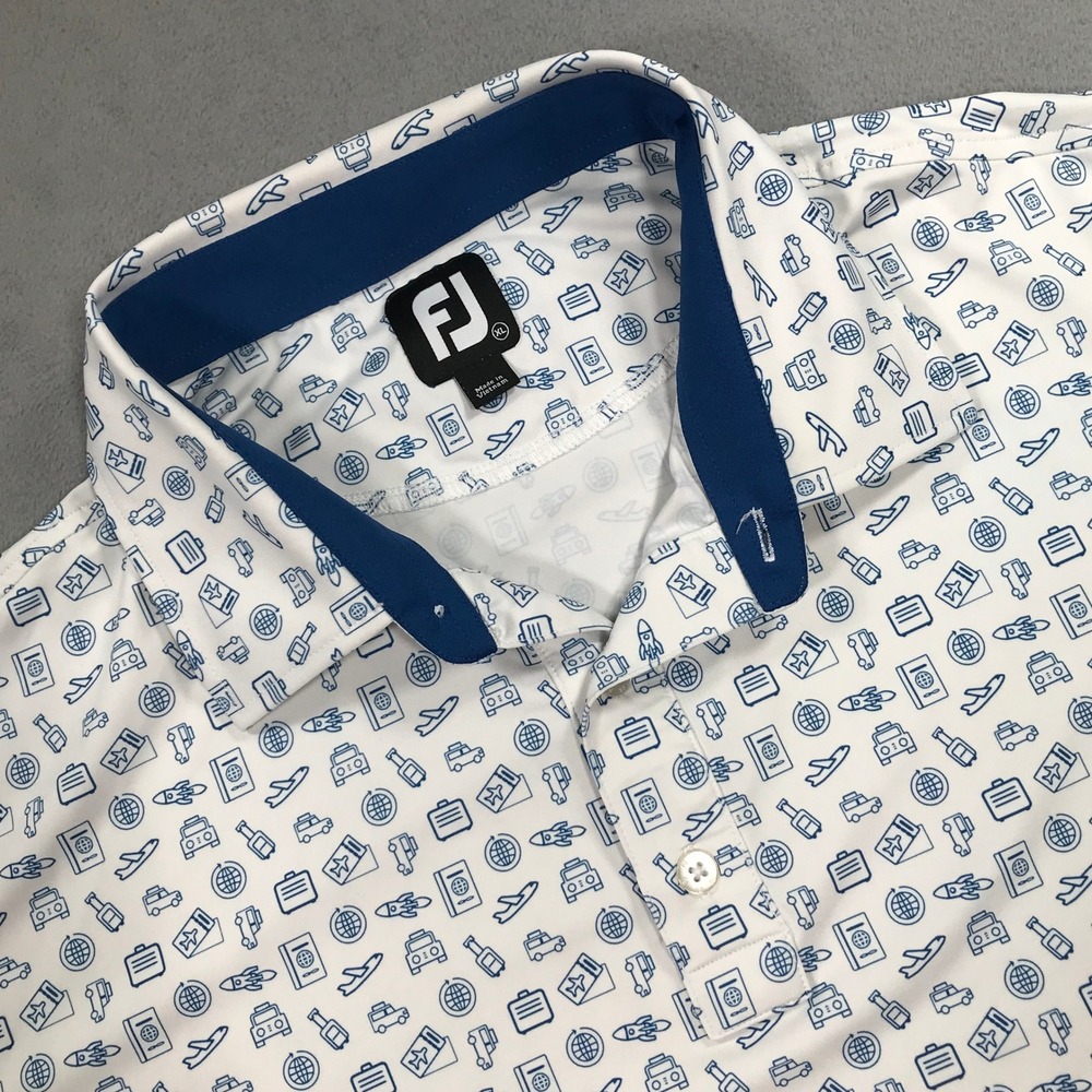 FootJoy Golf Polo Men XL White Blue Excellent Travel AOP Print Performance Shirt